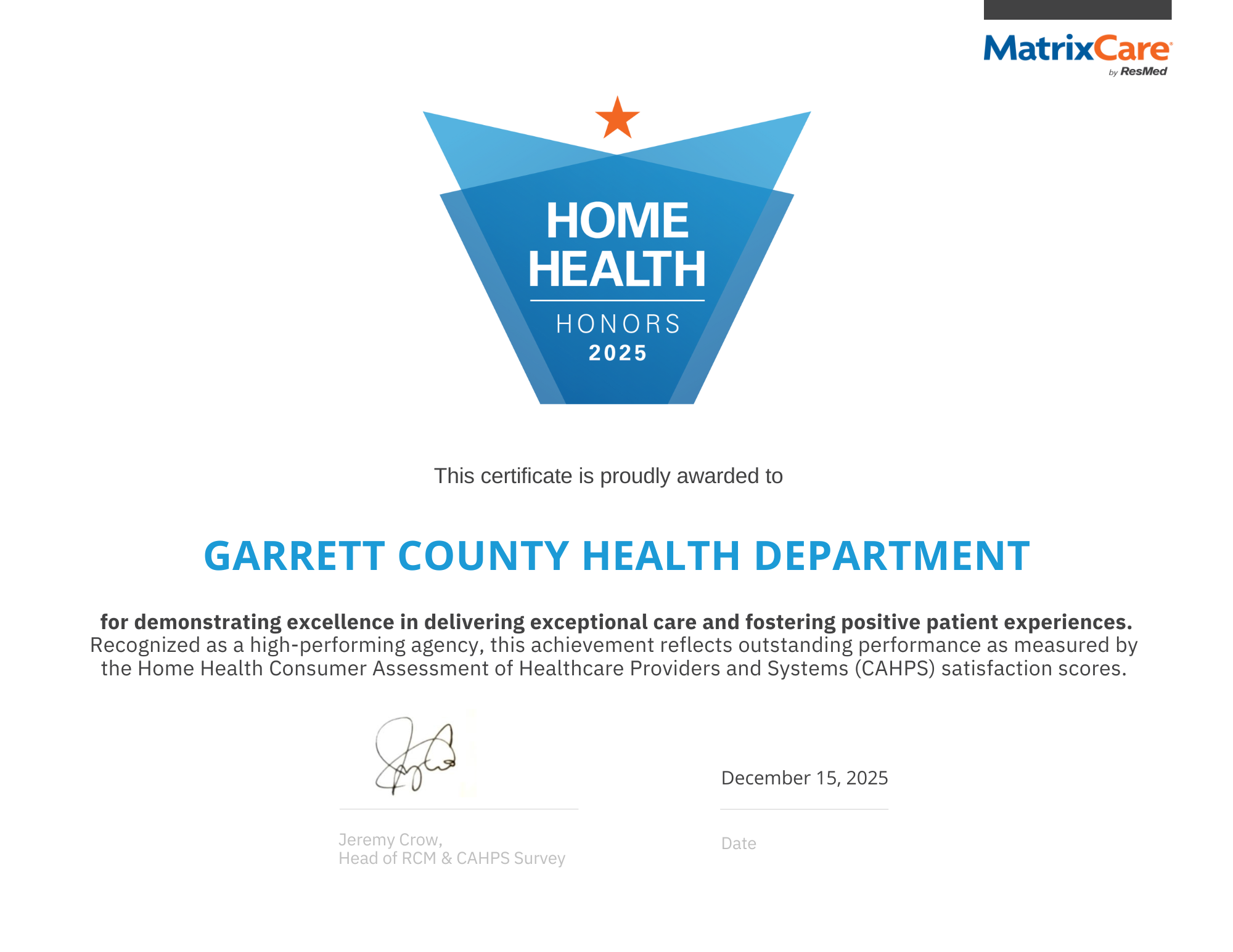 HHCAHPS Honors Certificate