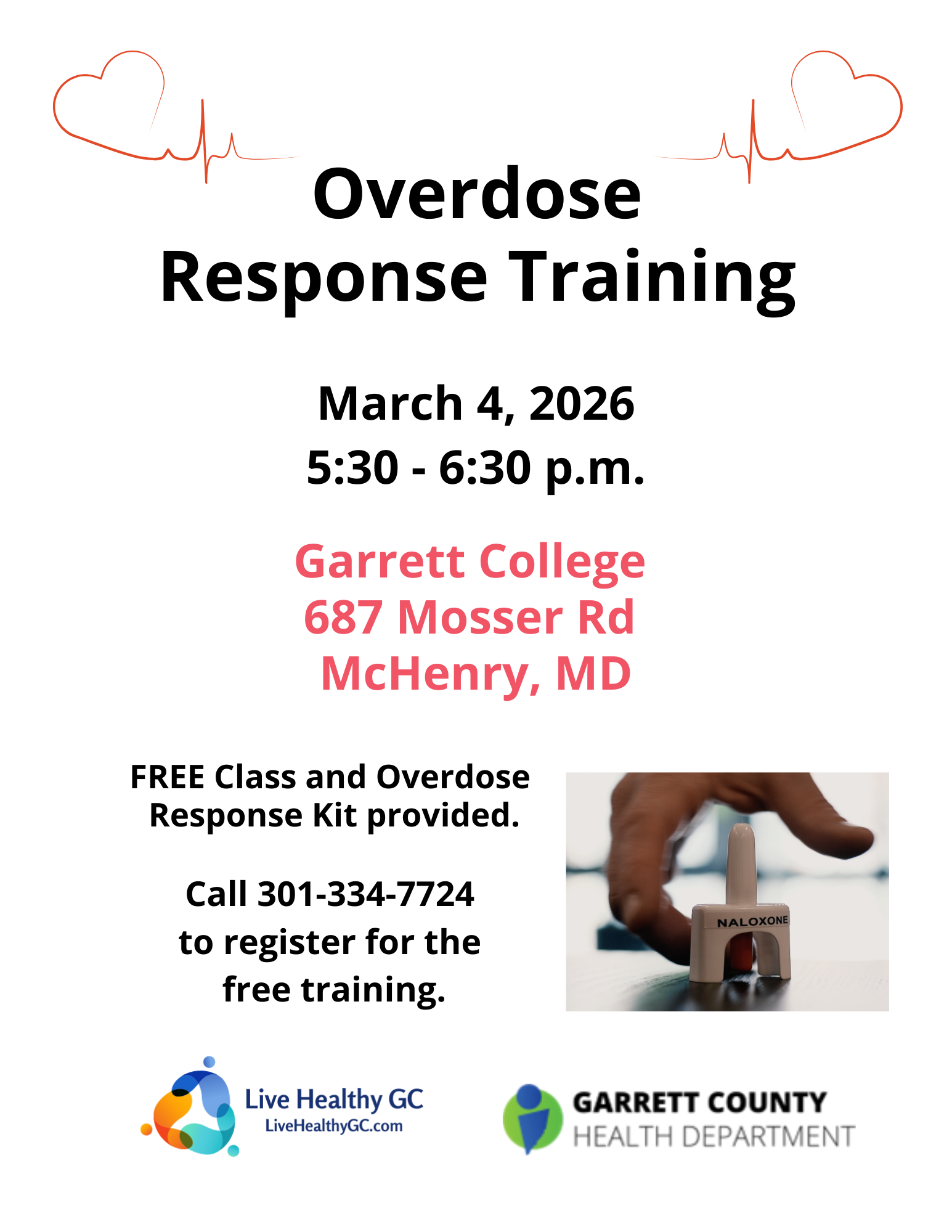 Garrett College Overdose Response Training - Flyer